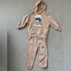 Cotton On Kids- Tan Hoodie and Sweatpants Set with Skull Design 3T